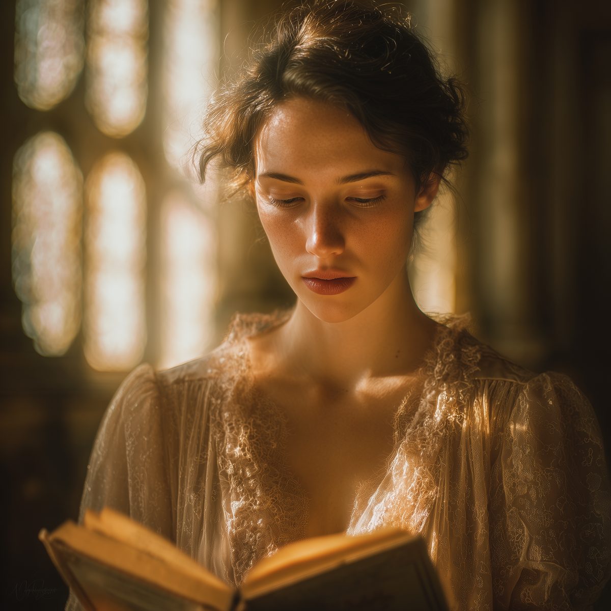A woman reading a book by tall glowing windows